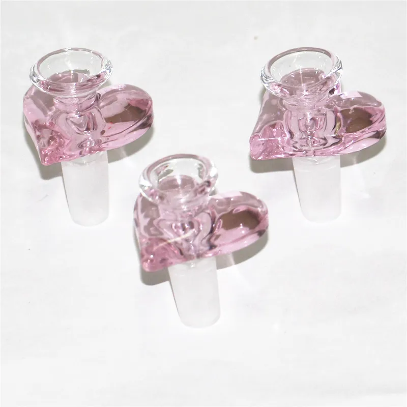 Piezas de tazones de vidrio en forma de corazón Tazones de juntas de 14 mm para Bong Accesorios para fumar Bongs de plataforma petrolera Pieza de tazón de tabaco de color rosa