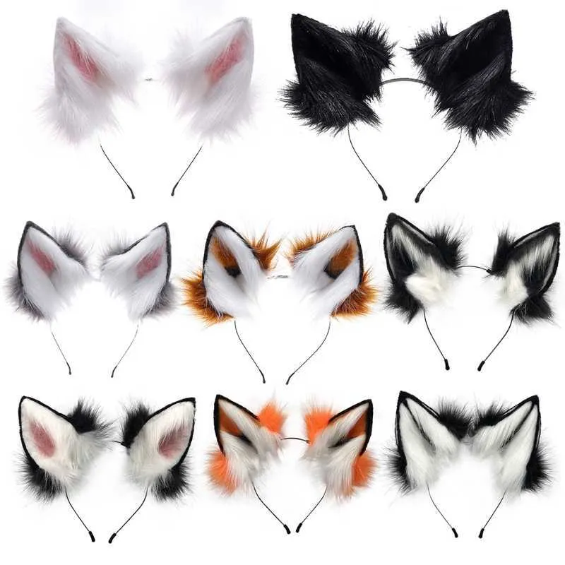 Handmade Adjustable Furry Wolf Ears Headband Simulation Fluffy Plush Animal Hair Hoop Kawaii Anime Cosplay Headpiece X0722