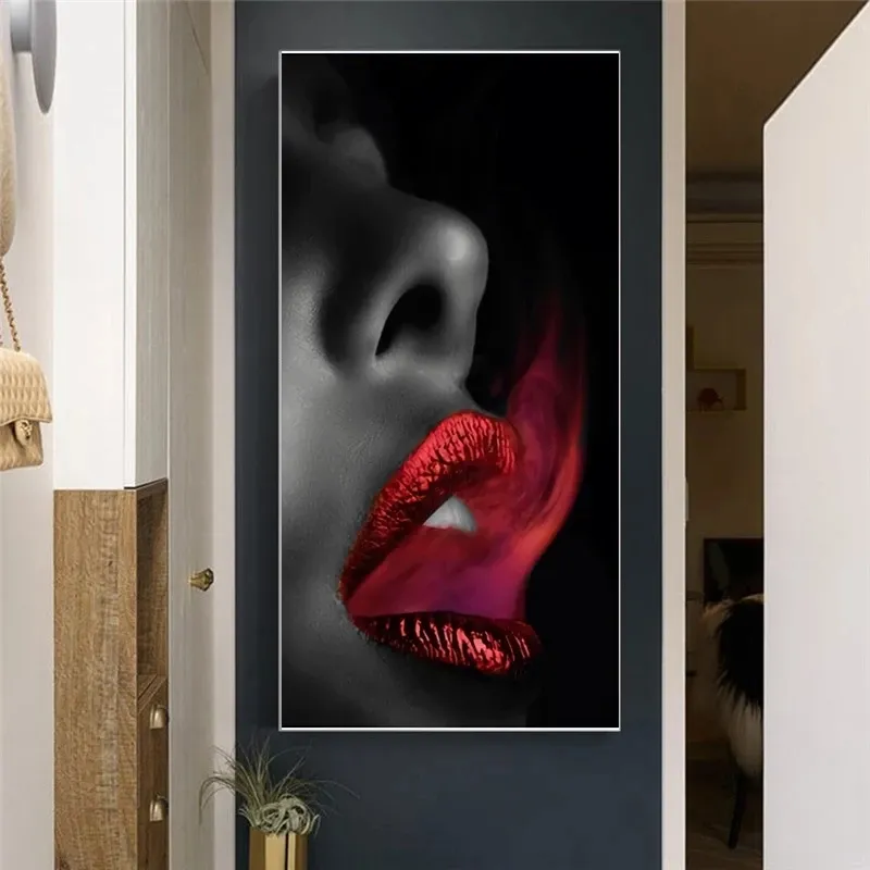 Modulär kvinna röd rök mun sexig läppar oljemålning på duk affischer och tryck Cuadros väggkonst Bilder för vardagsrum