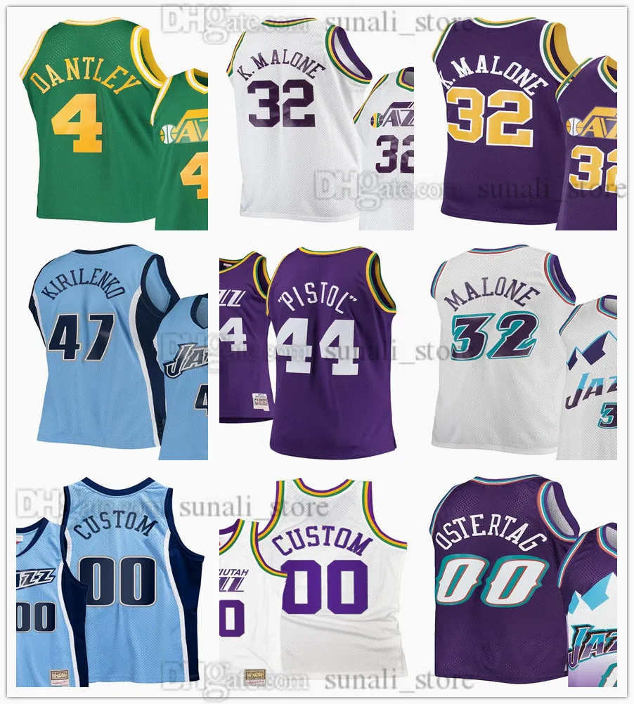 Custom Retro Basketball Adrian Dantley 4 Jerseys Karl Malone 32 John Stockton 12 Greg Ostertag 00 Andrei Kirilenko 47 Carlos Arroyo 30 Pistol 44 Pete Maravich 7