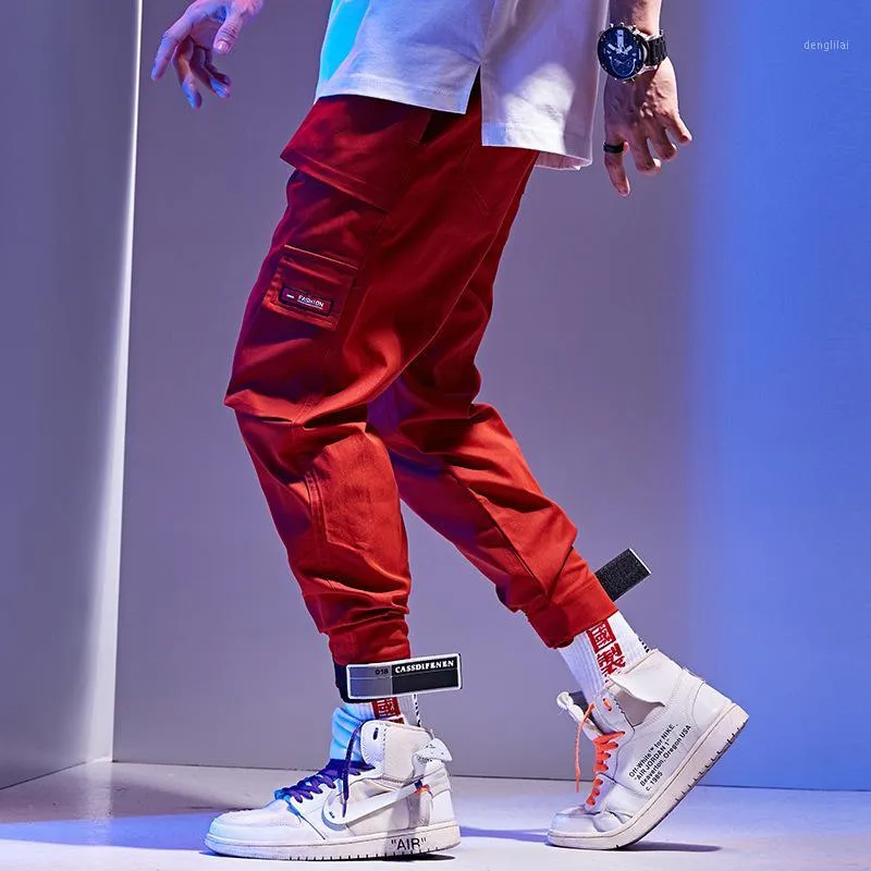 남자 바지 큰 주머니 빨간색화물 하렘 2021 힙합 캐주얼 남성 색 조깅 바지 블랙 패션 streetwear Pant wa76