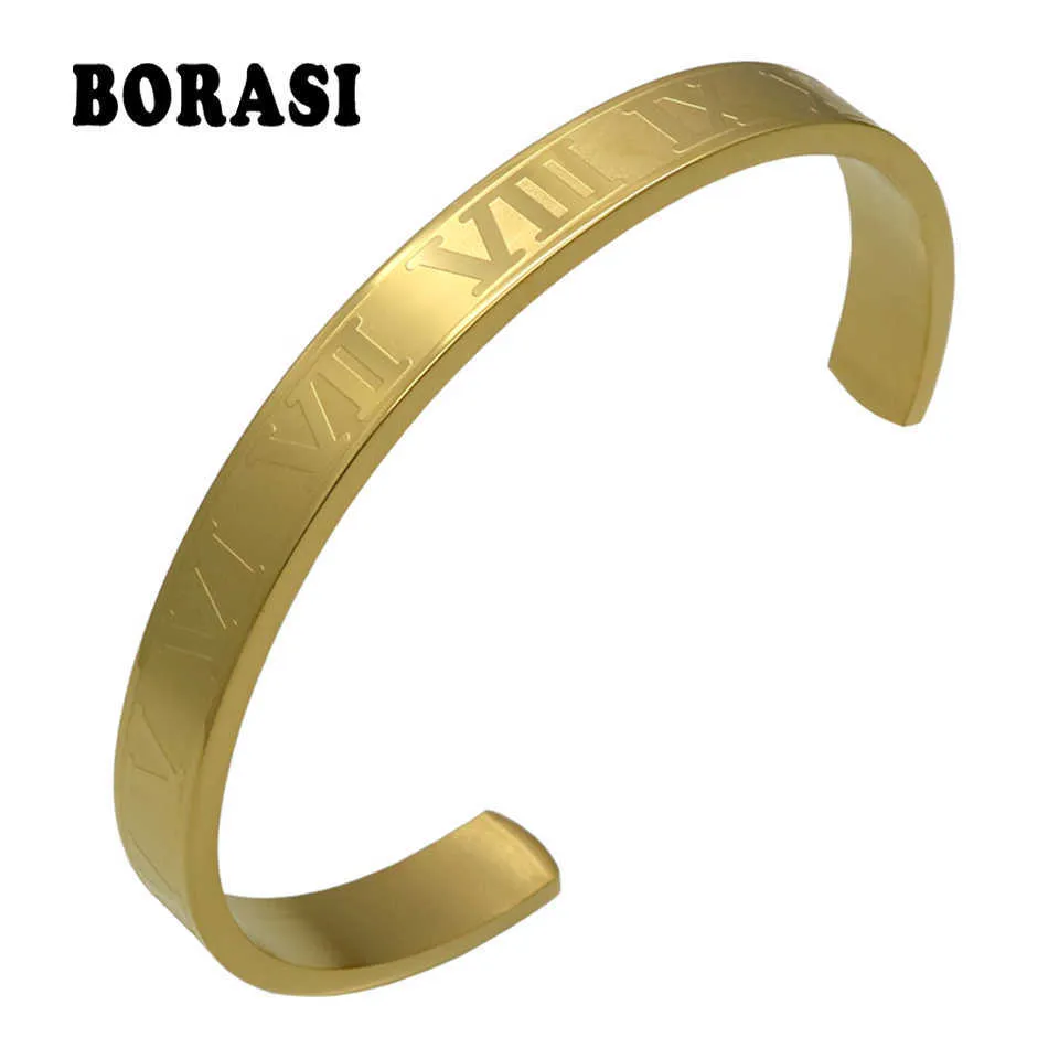 Hot Sell Titanium Rostfritt Stål Bangle Romerska Numeraler Guldfärg Manschett Armband Kärlek Brev Armband Män Kvinnor Öppna Bangles Q0719