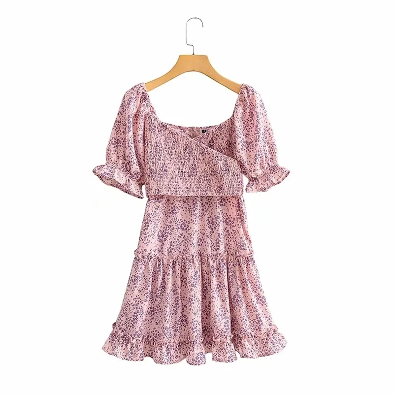 Casual vrouw paarse ruches chiffon mini jurk zomer mode dames bladerdeeg mouw jurken vrouwelijke A-lijn rits 210515