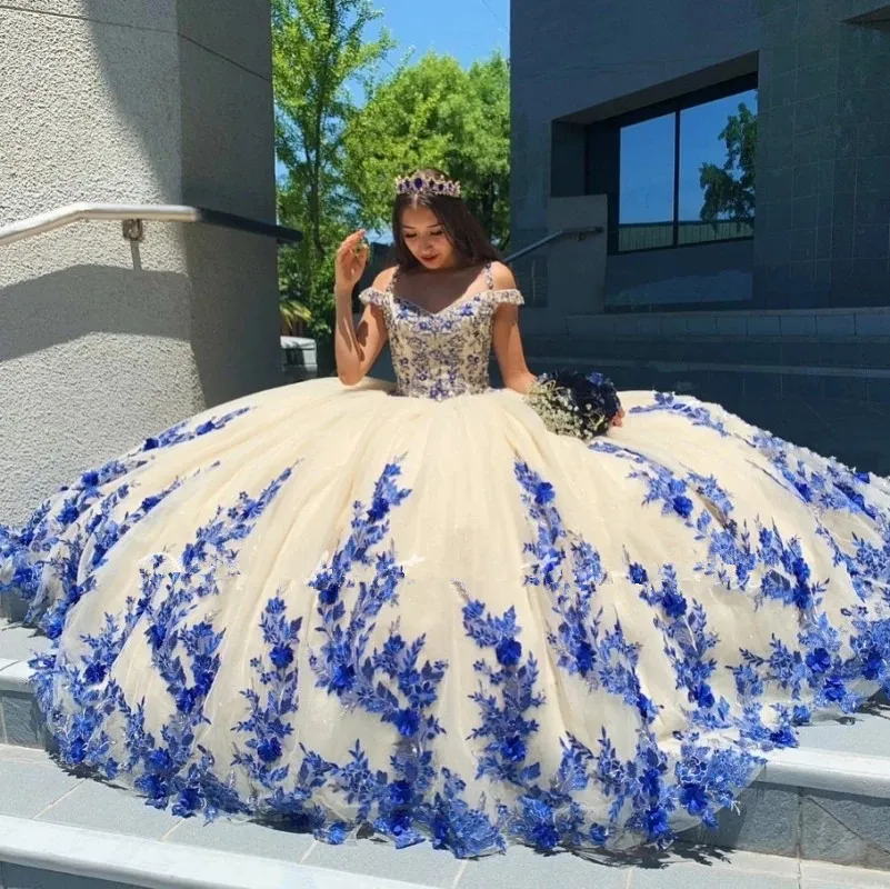 Arabisk stil blå quinceanera klänningar maskerad puffy bollklänning prom klänning med applikationer söta 16 vestidos de 15 anos