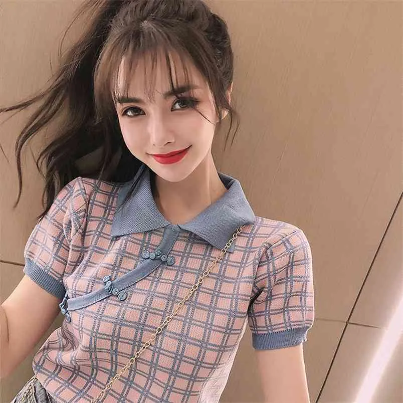 Sommar koreanska vintage eleganta plaid stickade t-tröjor kvinnor sväng ner krage kortärmad mode damer slim toppar femme 210519