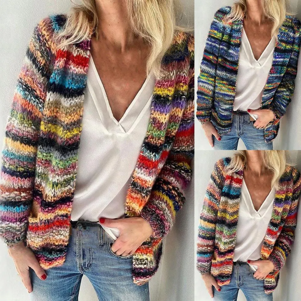 Cardigans tricotés imprimés multicolores pour femmes, pull élégant, manteau à manches longues, hauts décontractés avec poches, collection automne-hiver 2021