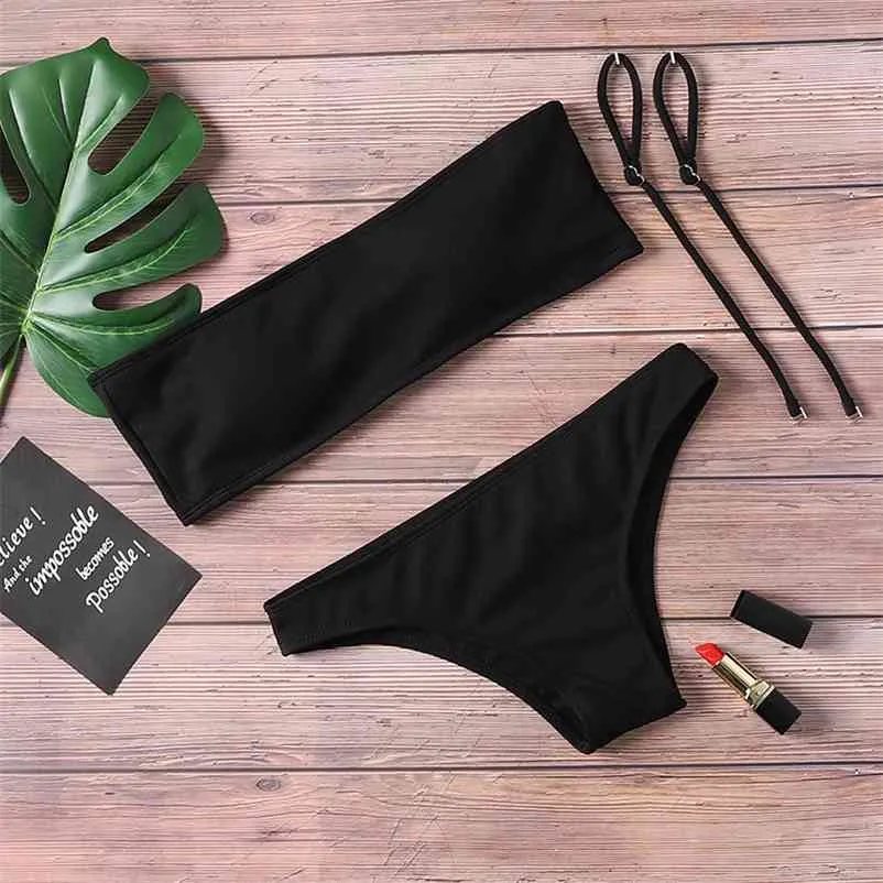 Solid Bikini Baddräkt Kvinnors Beach Suit Låg Midja Sexig Off Shoulder Baddräkt Padded Bra 210621