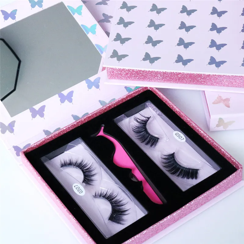 Papillon Vide 3d Cils De Vison Boîte Avec Miroir Rose Laser Faux Cils Boîtes D'emballage Sans Cils Et Pince À Épiler Cadeau