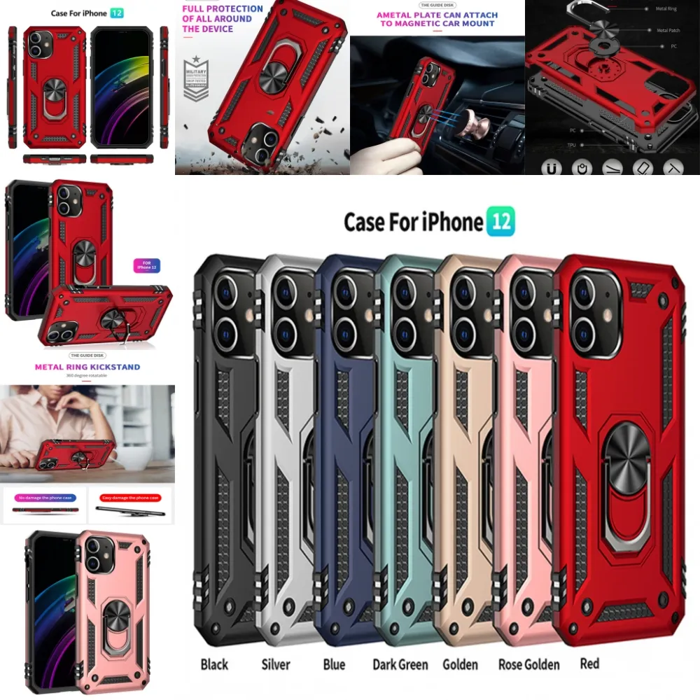 Shockside Armor Phone Case för iPhone 12 11 Pro XR XS Max X 6 7 8 Plus magnetisk fingerring Anti-Fall Cover