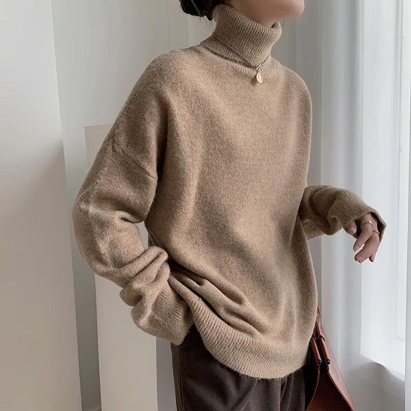 Coreano Cashmere Cashmere Camisola Mulheres Turtleneck Top Top Sólida Senhora Jumper Enlace Oversized Inverno Grosseiro Christmas Blunters 210420