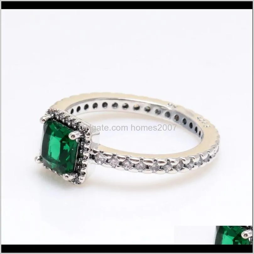 100% 925 sterling silver pan ring creative green square for women wedding party gift fashion jewelry cluster rings