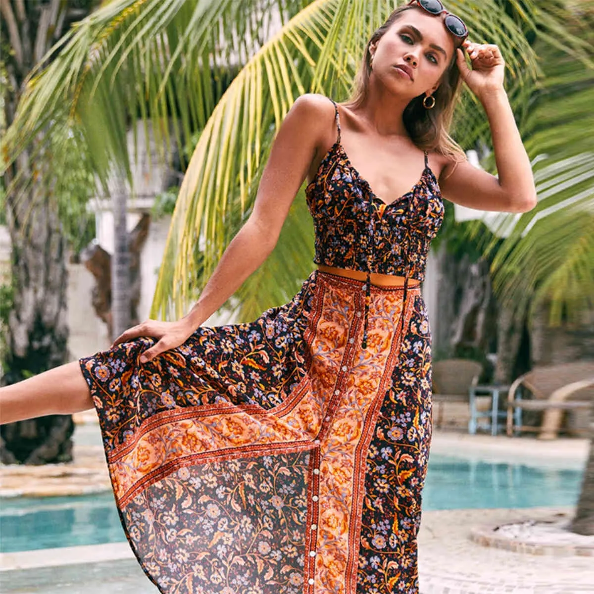 Jastie chic vintage daisy kedja maxi kjol kvinnor bomull hög midja split långa kjolar sommar boho strand kjolar kvinnliga faldas 210419