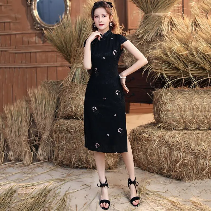 Abbigliamento Etnico Abito Nero Cheongsam Moderno In Pizzo
