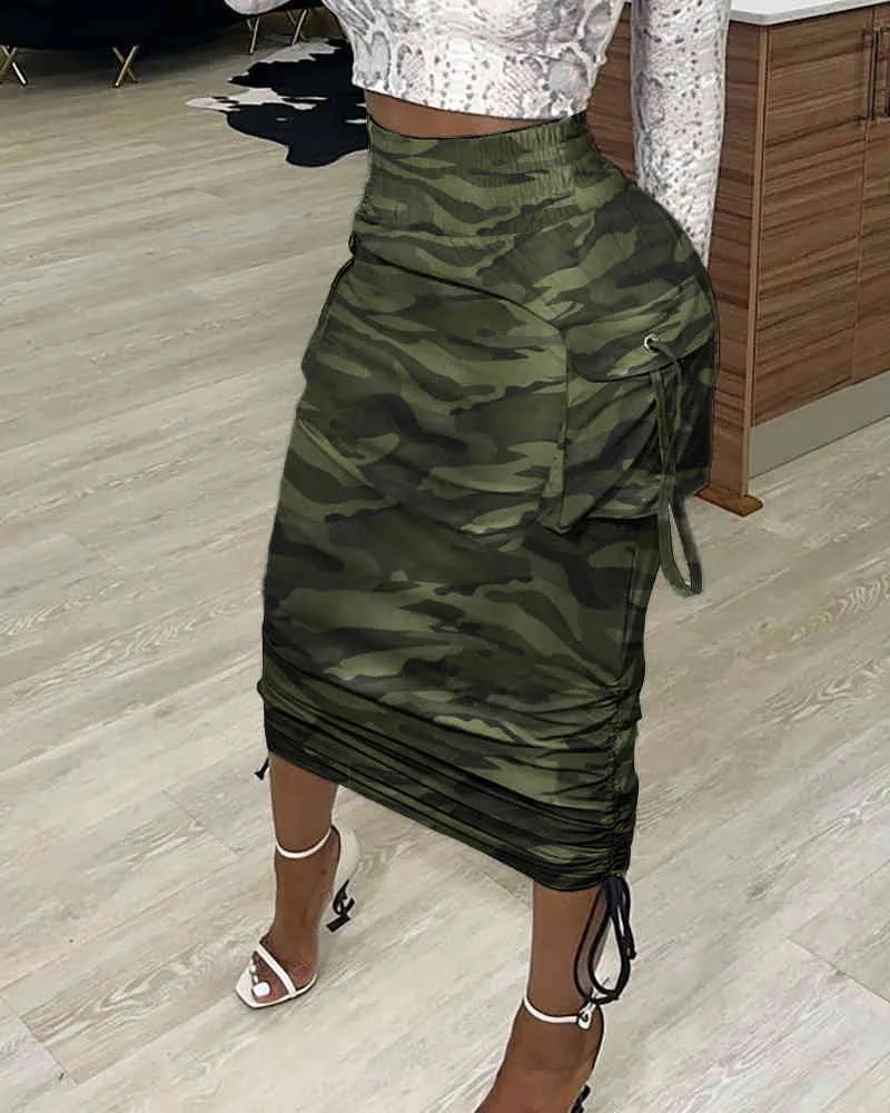即発★XCVI★Camouflage Print Midi Skirt 迷彩柄 スカート Camouflage Print Maxi Wrap Midi Skirt With Pocket Design For