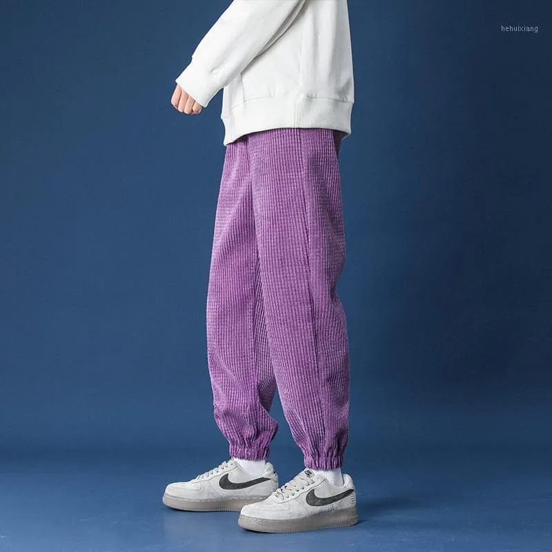 Calças masculinas 2021 Homem Casual Gravata perna Lédea Corduroy Cor Sólida Correia Calças Quentes Coreanas Streetwear 6