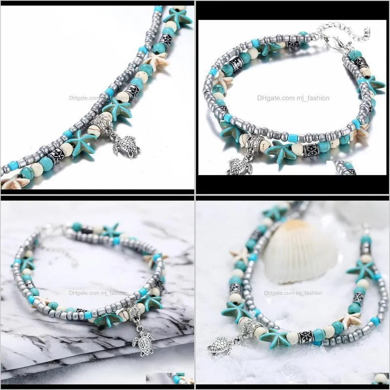 ethnic antique 2 layer ankle bracelet cute starfish cuckold halhal foot chain for women summer beach jewelry tornozeleira 1820