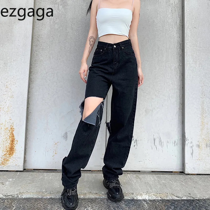 Jeans strappati Ezgaga per donna Pantaloni a vita alta Harajuku autunno Pantaloni lunghi hip-hop larghi neri Pantaloni in denim dritto Street Wear 210430