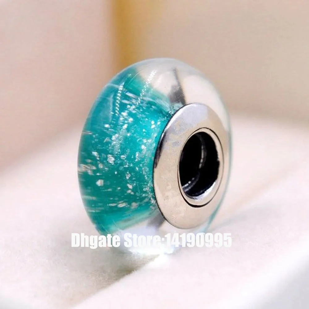 5pcs 925 Sterling Silver Teal Fluorescent Murano Glass Signature Color Beads Fit Pandora Style Jewelry Charm Bracelets