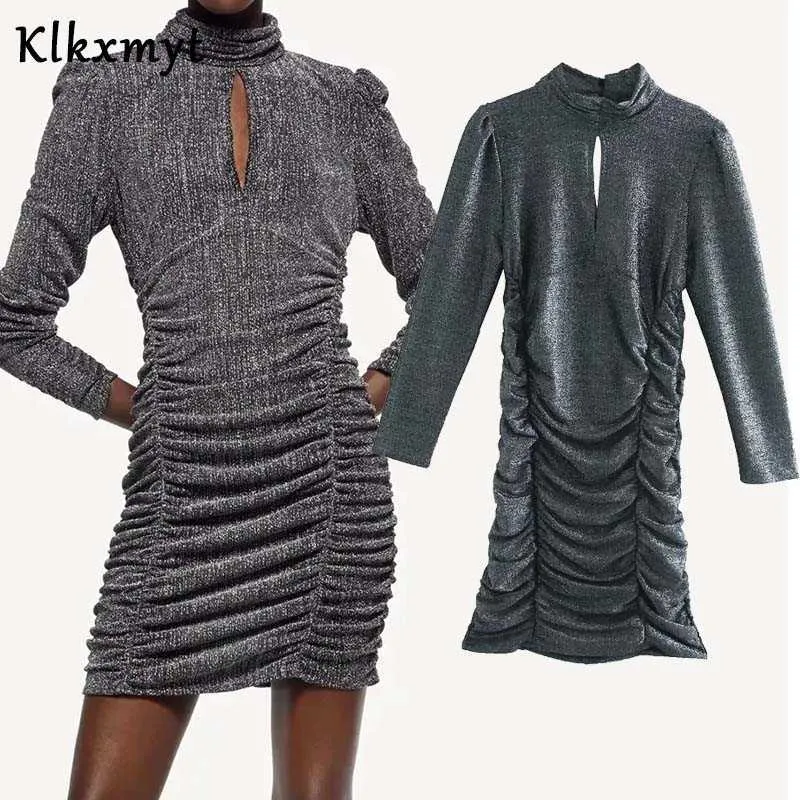Klkxmyt za vestido mulheres outono moda chique fio metálico plissado vintage manga longa mini vestidos feminino vestidos mujer 210527