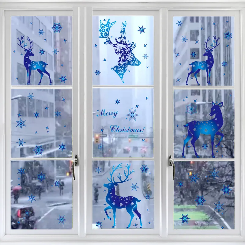 Beautiful Blue Snowflake Elk Electrostatic Stickers Glass Window Decoration Sticker Christmas Decorations Sun Room Hotel Office New Year Gifts
