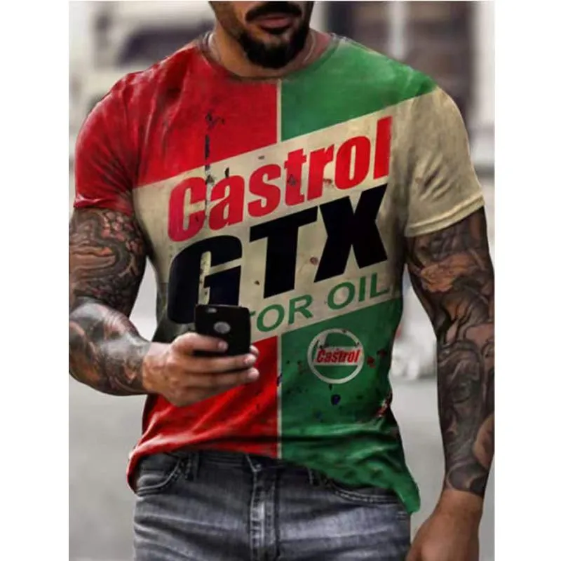 Men's T-Shirts Castrol Vintage Short Sleeve Men T Shirt 3D Print Ethnic Letters Harajuku Fashion Tees Male Collar Tops Summer