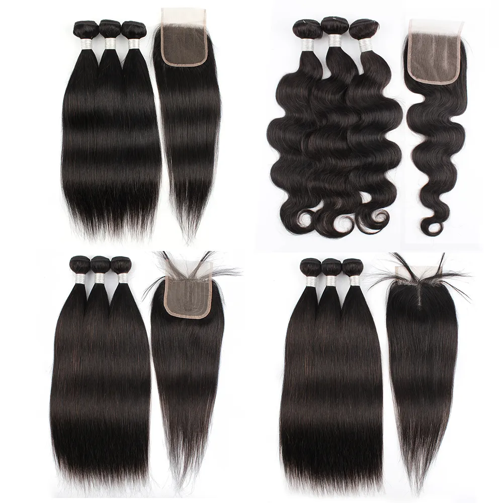 Straight Remy Hair Bundles with 4x4 4x1 Lace Closure Natural Color Body Wave Brazilian Human Hair Extension