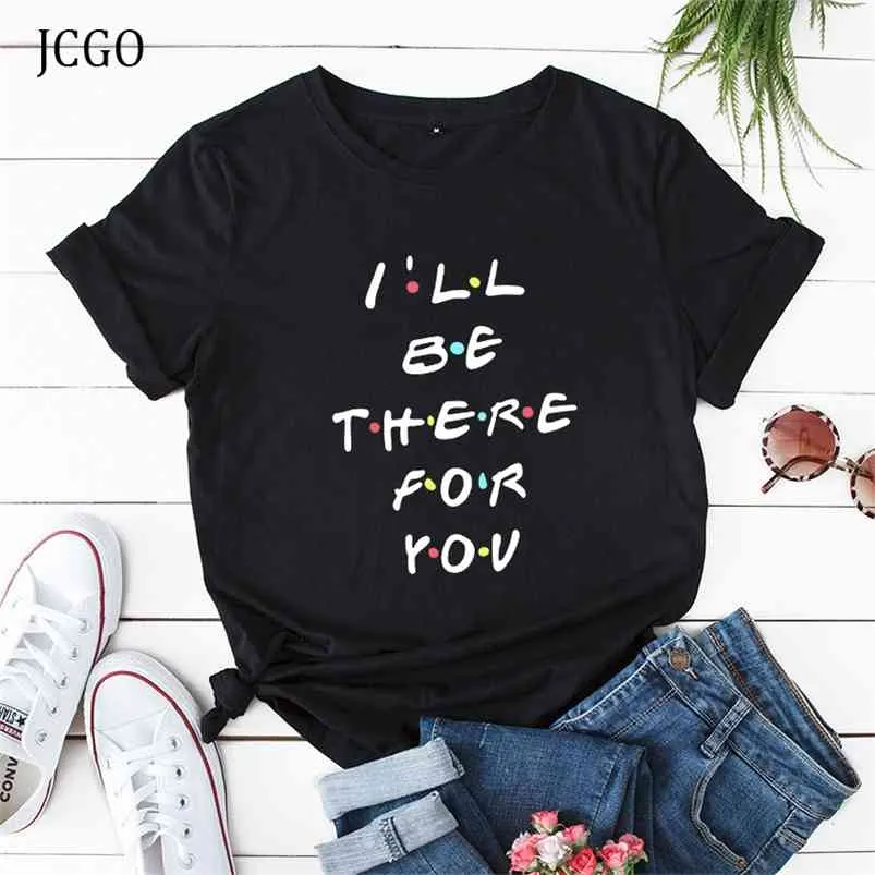 JCGO夏の女性TシャツS-5XLプラスサイズのコットンレタープリント友人用半袖ティートップスカジュアルOネック女性Tシャツ210623