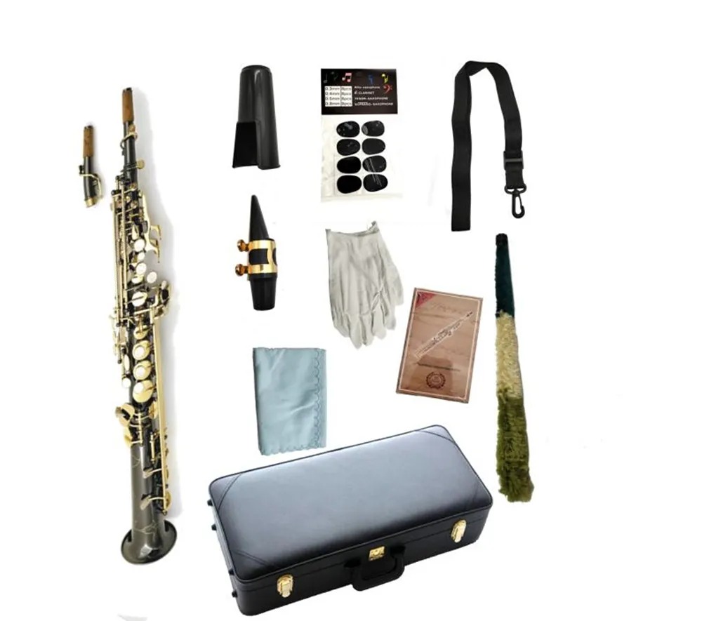 Suzuki Soprano Saxofone B Plano preto niquelado niquelado instrumento profissional woodwind com chaves de ouro caso acessórios do bocal