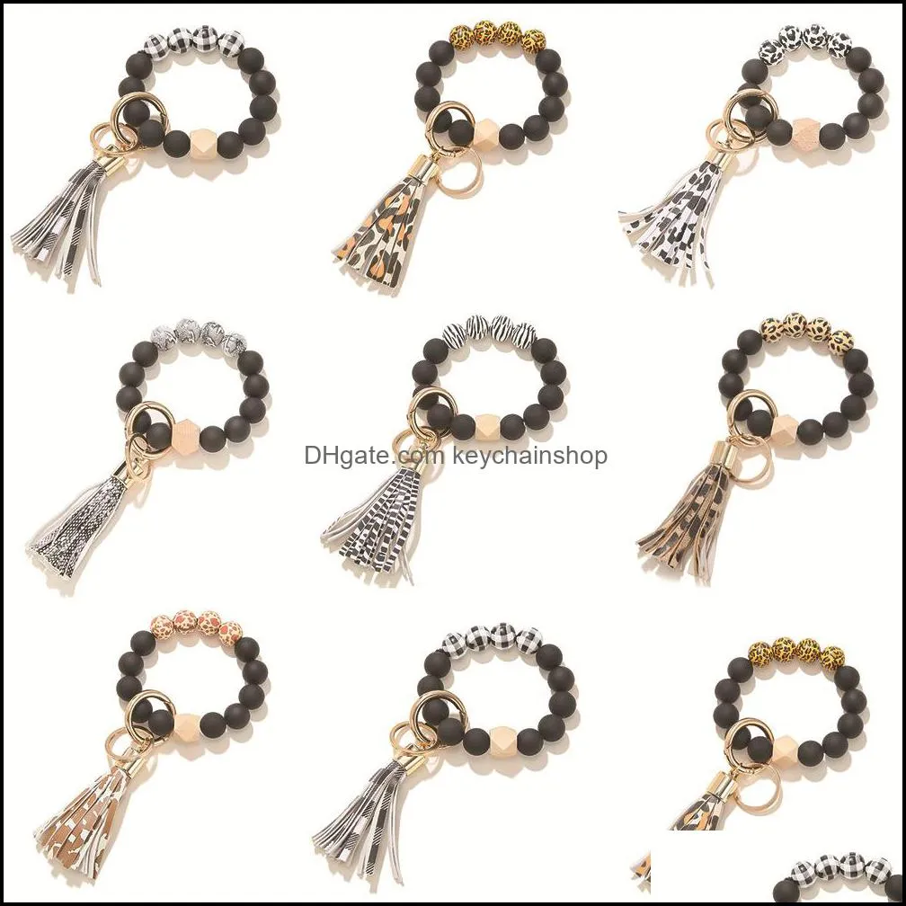 Keychains Fashion Accessories Black Frosted Wooden Bead Bracelet Keychain Pattern Tassel Pendant Bracelets Women Girl Key Ring Wrist Strap 7