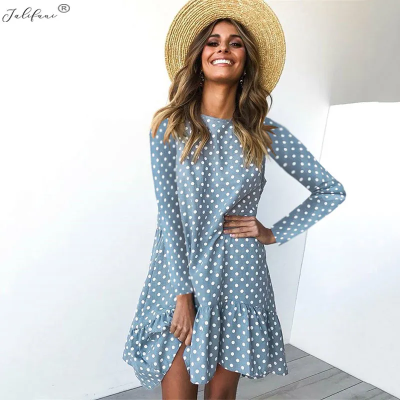 Jesień Elegancki Kobiety Szyfonowa Dress Moda Dot Drukuj Z Długim Rękawem O-Neck O-Neck Mini Dresses Dla Lady Casual Odzież Vestidos 210415