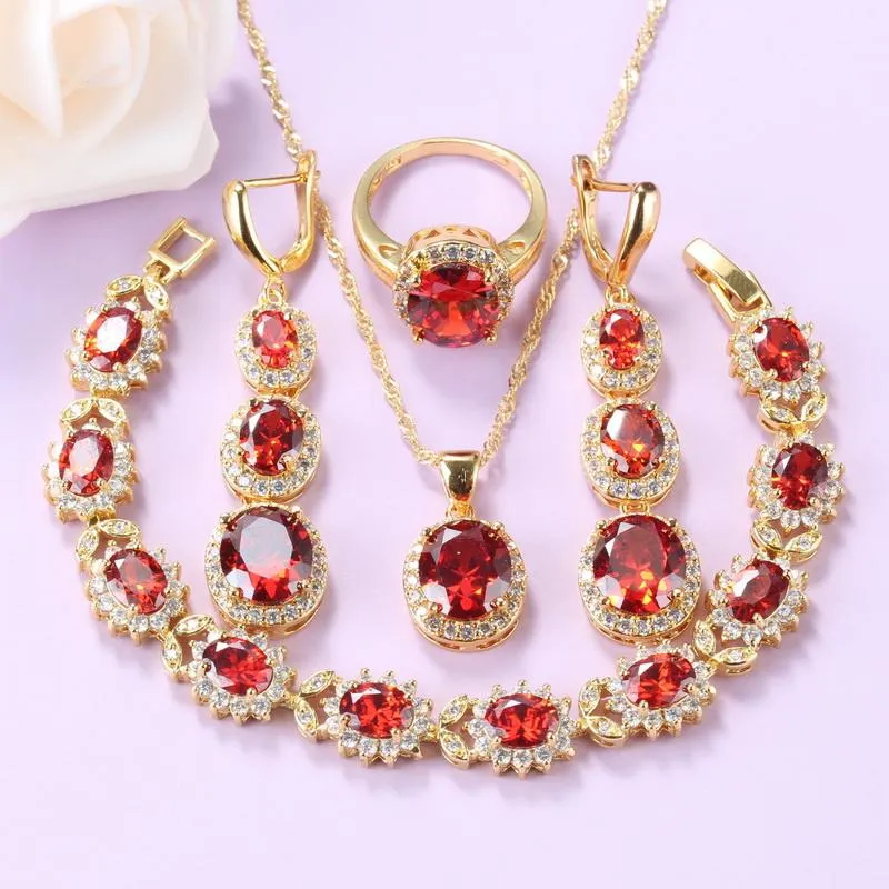 Örhängen Halsband Dubai Bridal Luxury Smycken Satser Guldfärg Mode Bröllop Tillbehör Ringstorlek 6/7/8/9/10 Armband Längd 18 + 3cm