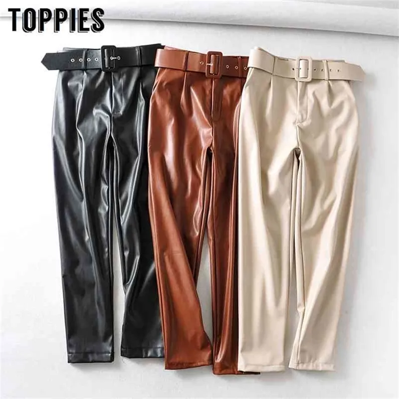 Pantalon en faux cuir de printemps Couleur unie Taille haute Femme Pantalon PU noir Streetwear 210421