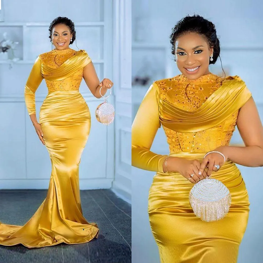 2022 Elegant Saudi Arabia Bright Gold Mermaid Evening Dresses Aso Ebi High Neck One Long Sleeve Sweep Train Prom Dress Ruched Satin Formal Party Dress Celebrity Gowns