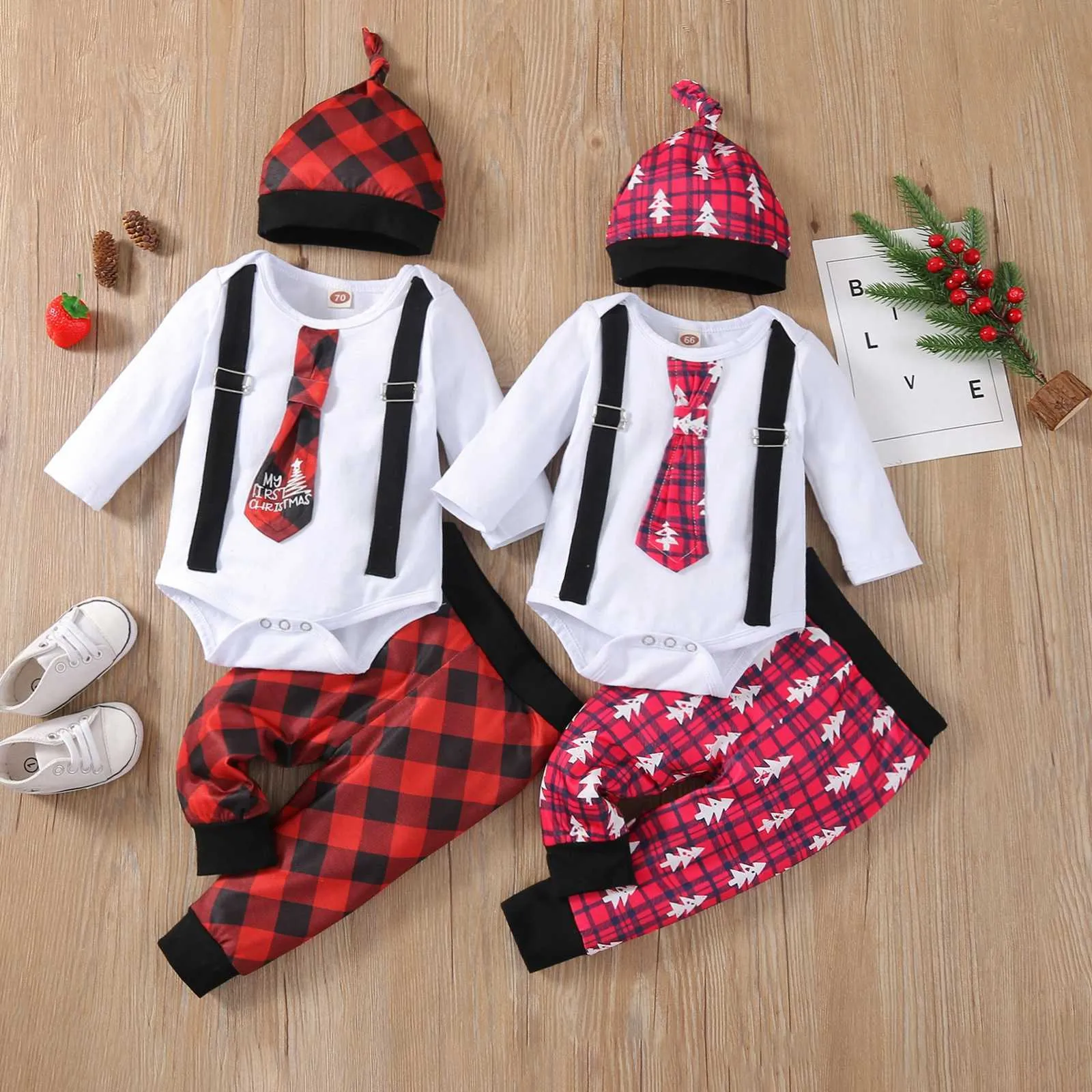 Lioraitiin 0-12m 3pcs Baby Girls Boys Casual Christmas Tree Print Long Sleeve Bodysuit Tops+pants+hat Cap Clothes Sets G1023