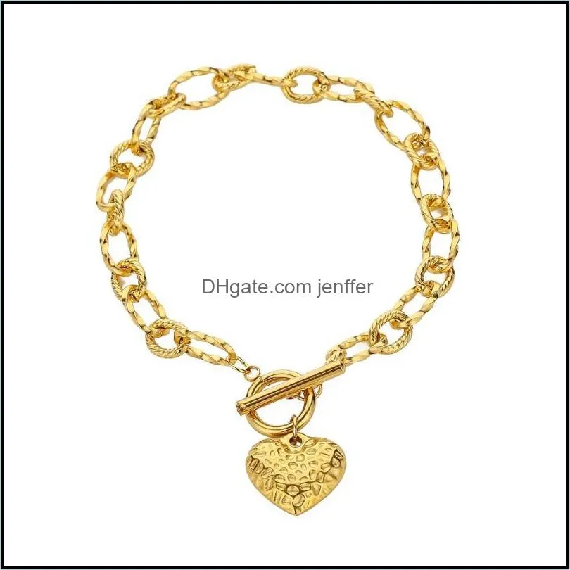 Golden Heart Bracelet Stainless Steel OT Button Up Fashion Link, Chain