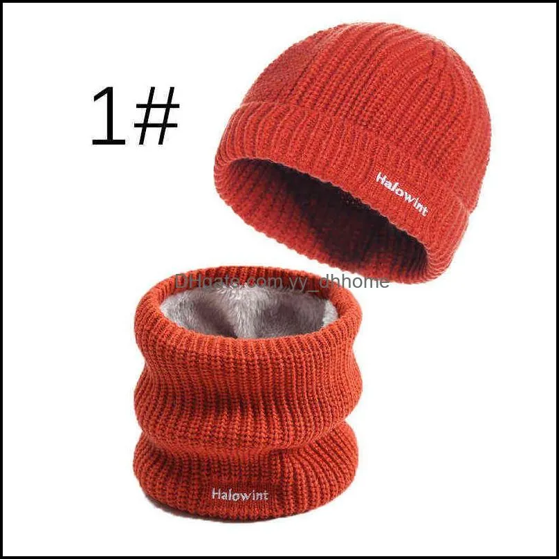 Unisex Set Scarf Hat for Women Winter Fashion Knitted Sd Solid Caps Men Collar Neck Scarves Bandana Thick Warm Female Scarfs 211231