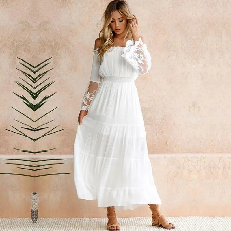 Abito lungo bianco elegante da donna con spalle scoperte in estate, abiti casual maxi da spiaggia in pizzo trasparente con patchwork Boho Holiday Beach