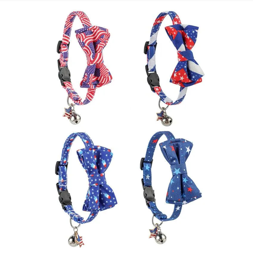 Independence Day Cat Collars Bowknot Bow Tie Flower pattern Necklace With Small Bell Printing Choker Pets Festival Apparel Supplies Pet decoration ZYY1006