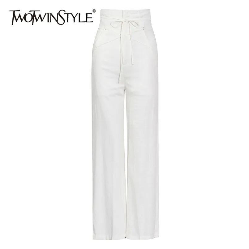 Pantalon décontracté à lacets blancs pour femmes taille haute minimaliste Solide Elastic Pantalon lâche Vêtements de mode femelle 210521