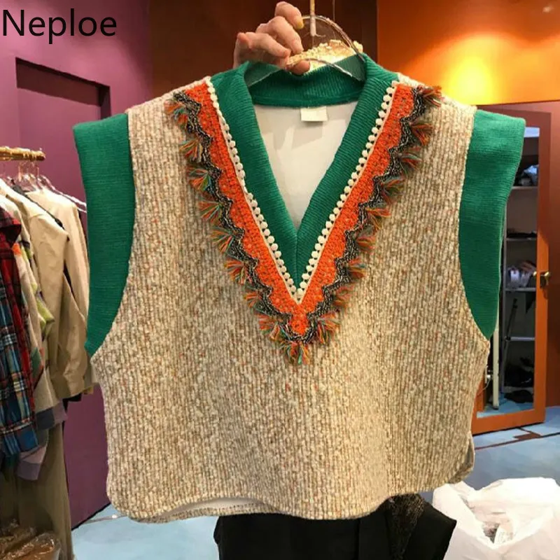 NAPOE Kore Moda Triko Kazak Yelek V Yaka Örme Mahsul V Yaka Kolsuz Gevşek Püsküller Yelek Ceket Tops 4G608 210422