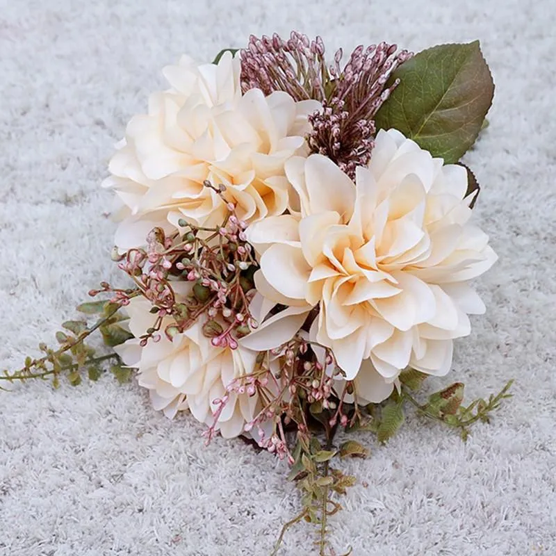 Flores decorativas grinaldas de outono outono dahlia buquê de alta qualidade de seda artificial com grama falsa adereços de pography flores artificiales