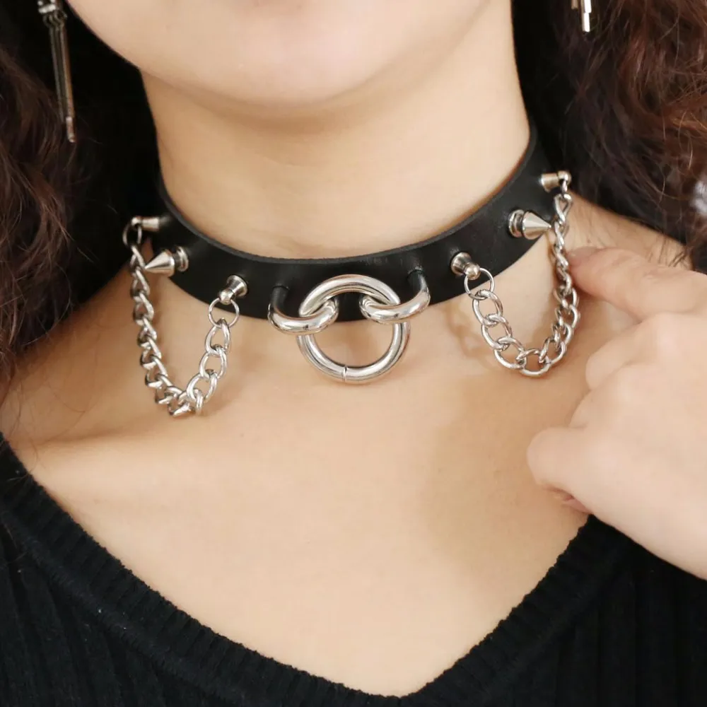 Gothic Leather Choker Necklace With Round Metal Chains And Chain