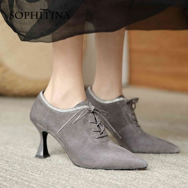 Sophitinaの女性の靴が曇らされたシープスキンハイヒールの深い口の靴尖ったつま先春秋手作り女性ポンプAO171 210513