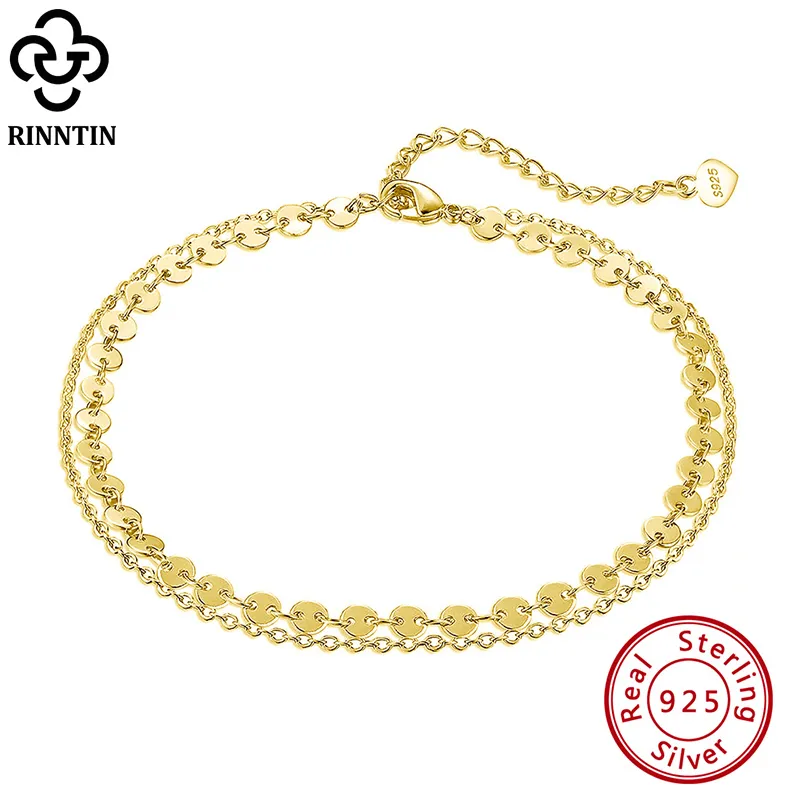 Rinntin Fashion Coin Cable Double Layered für Damen 925 Sterling Silber Sommer Strand Fußkette Fußkettchen Schmuck SA15