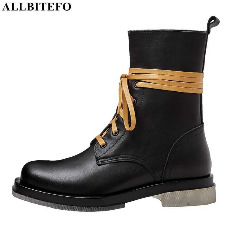 AllbiteFo Miękkie Naturalne Prawdziwe Skórzane Kobiety Buty Sznurowanie Moda Rozrywka Buty zimowe Buty Kostki Buty Motocycle Bottes Femme 210611