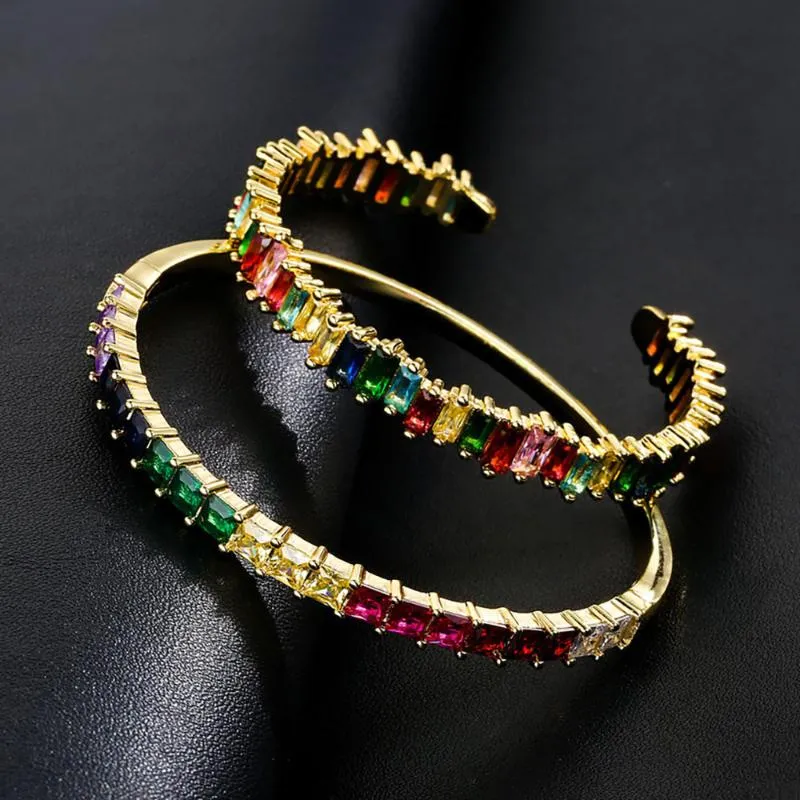 Bangle guld fylld baguette cubic zirconia armband för kvinnor män lyx smycken regnbåge cz underbara trendiga tjejer gåva