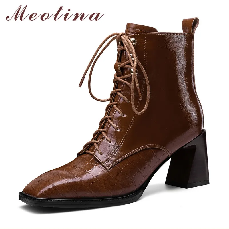 Meotina Stivaletti con tacco alto in vera pelle Scarpe da donna Punta quadrata Tacchi spessi Stivaletti con cerniera lacci Autunno Nero Taglia 41 210520