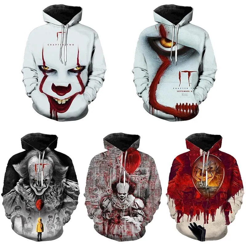 Мужские толстовки Толстовки Прибытие IT Chapter Two Movie Pennywise Clown Stephen King 3D Hoodie Мужская мода Личность Хип-хоп Прохладный пуловер