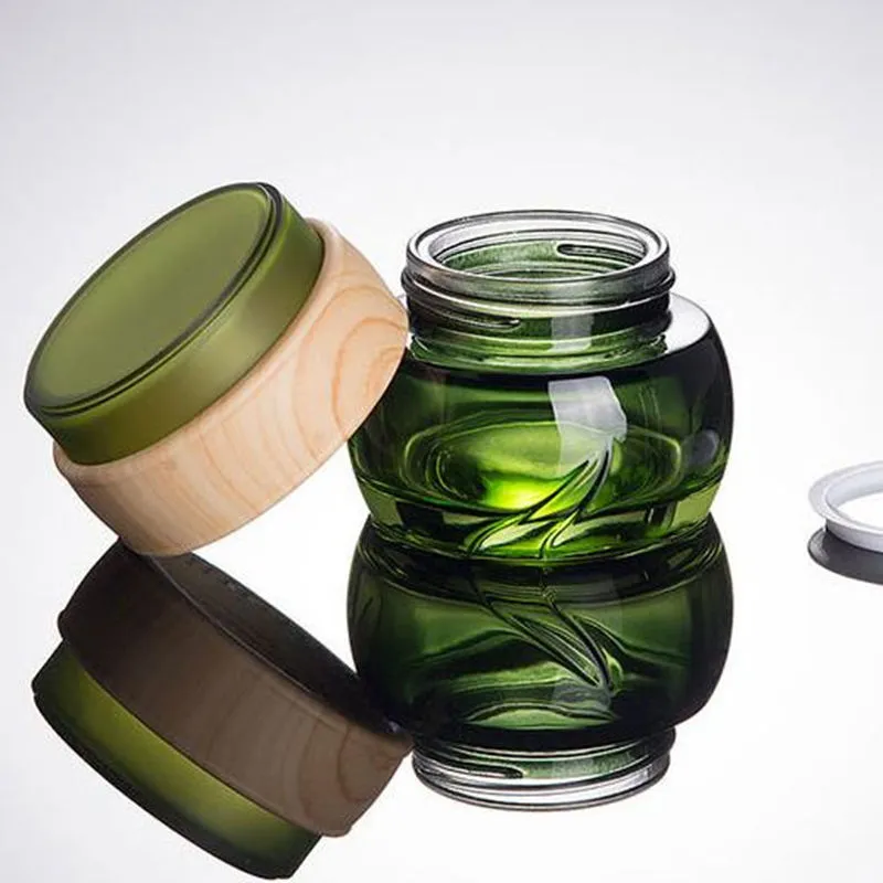 Green Glass Bottles Eye Cream Jar 50g Empty Cosmetic Container 1oz Make Up Glass Jar 50pcs Botella