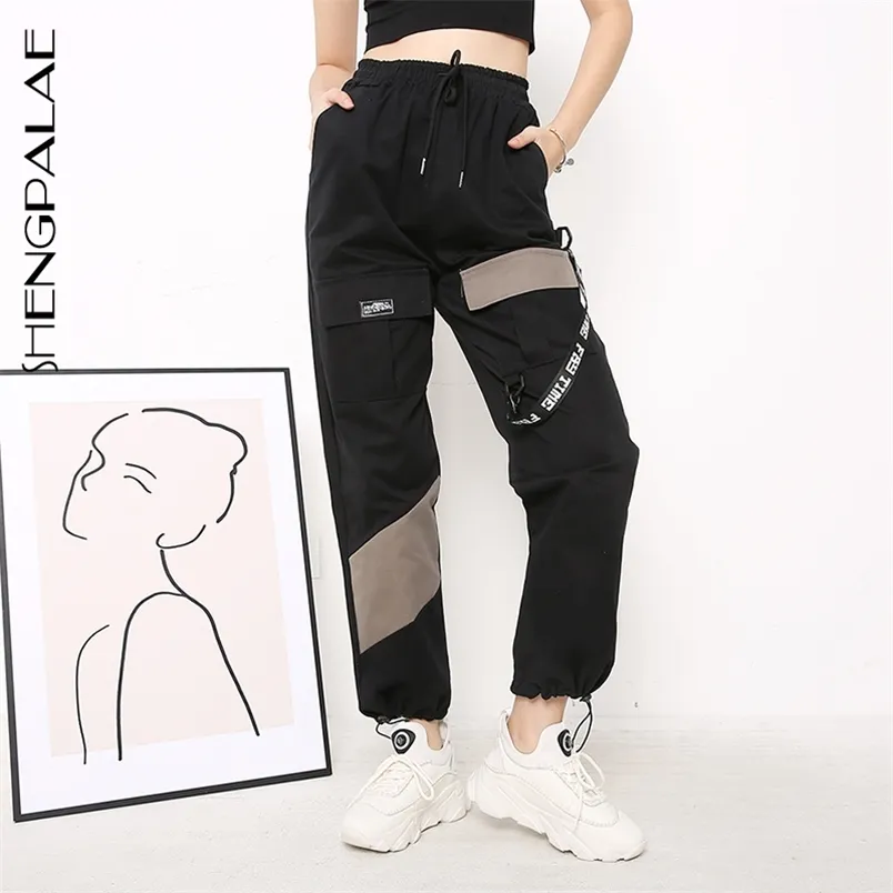 Summer Vintage Patchwork Joggers Sweatpants Harajuku Woman Trousers Elastics Hit Color High Waist Pants ZA2562 210427